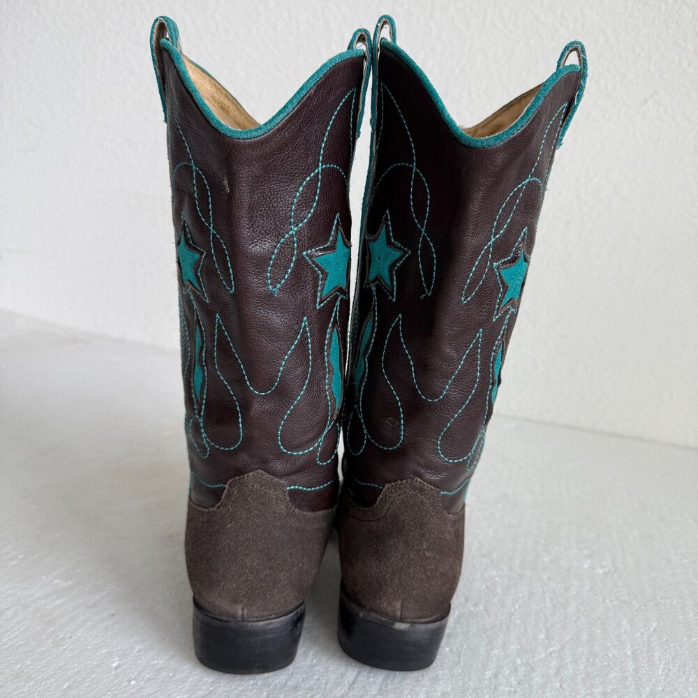 Brown Suede & Leather Cowboy Boots Turquoise Star Embroidery Women’s Size 38 - Picture 5 of 13